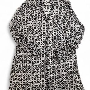 Black White Sheer Shirt Dress Womens 1XL Geometric Button Up Indie Grunge